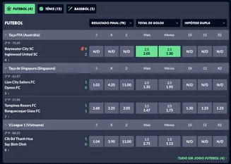 Secção de apostas ao vivo em futebol no site Solverde.pt com jogos e odds em destaque nas competições da Austrália, Singapura e Vietname